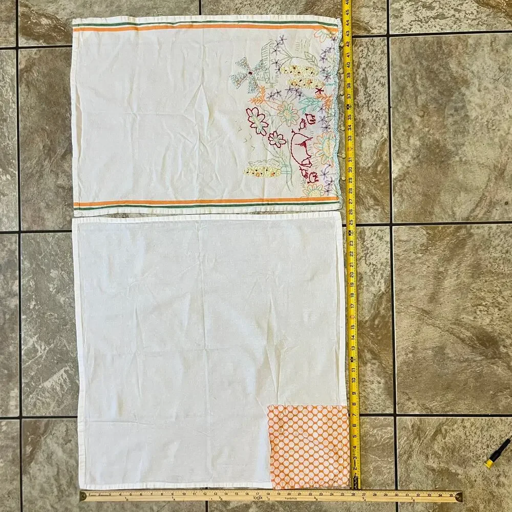 Cotton Dish Towels Pair Embroidered Farm Scene Patchwork Polka Dot Trimmed